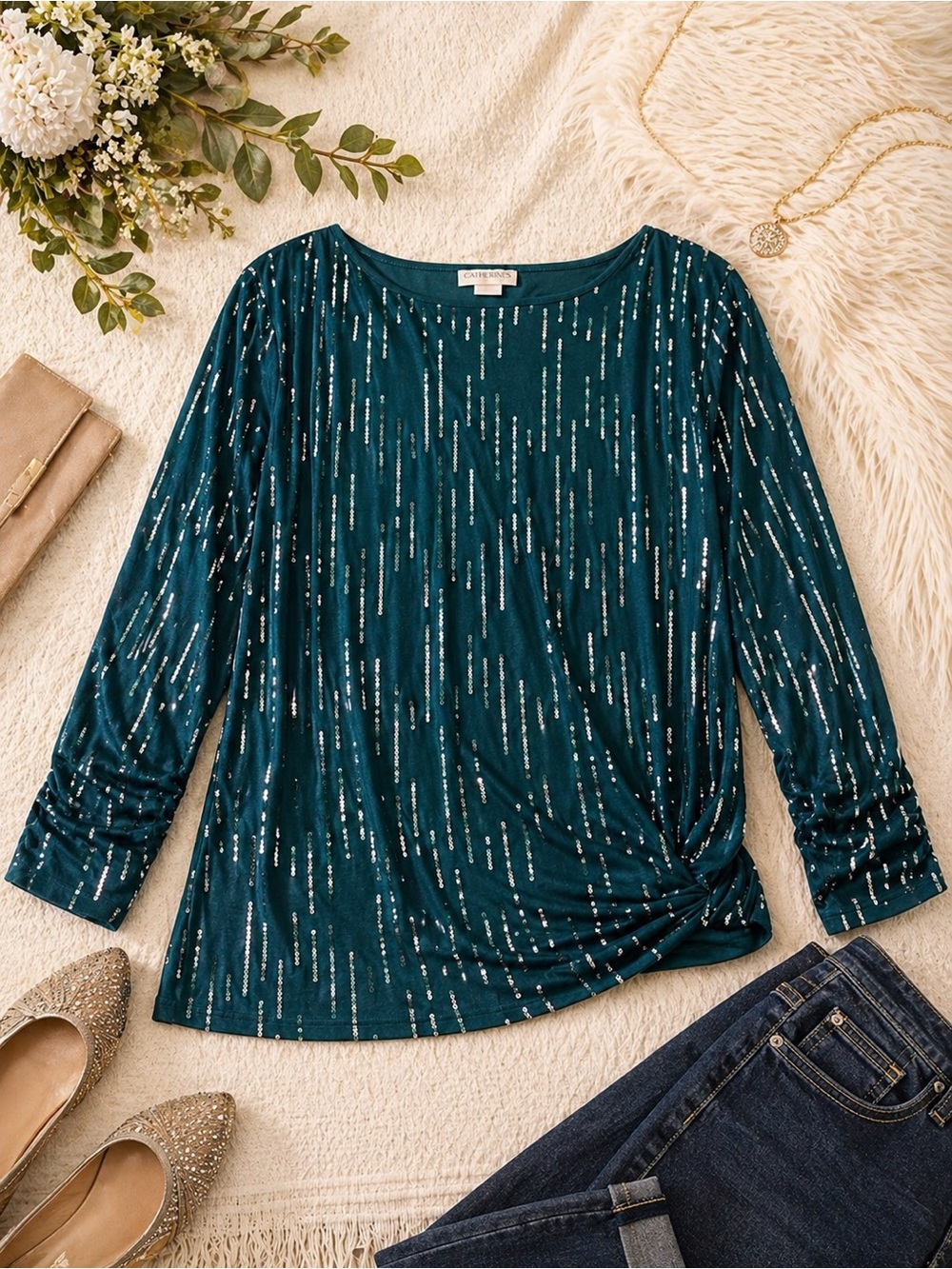 Catherines 2X 22/24W Teal Sequin Top Plus Size 3/4 Sleeve Stretch Blouse